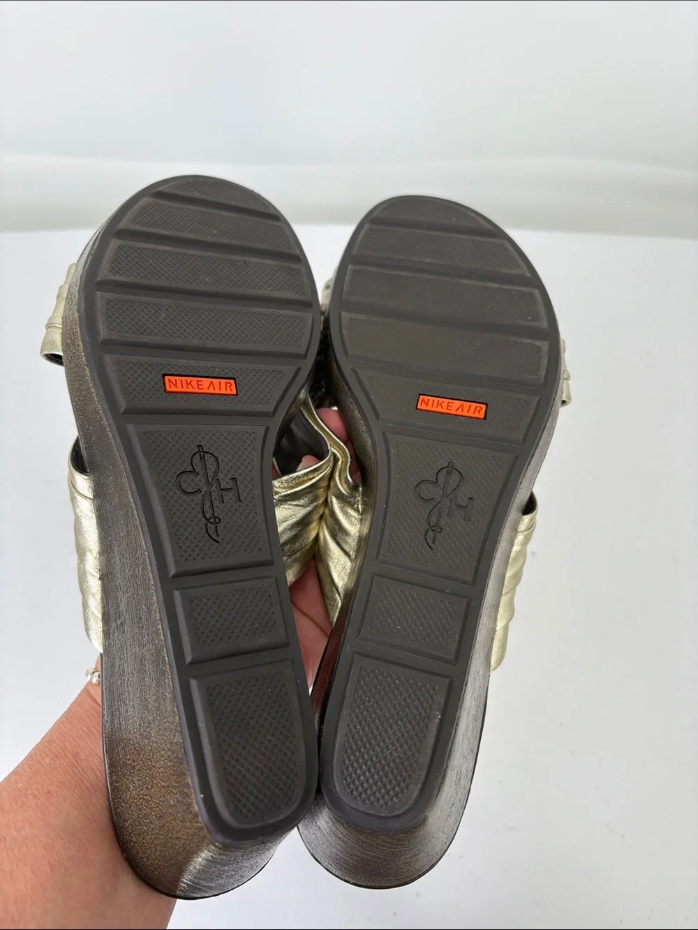 👔 Cole Haan leather wedge Metallic Gold Twisted Strap Slide Sandals